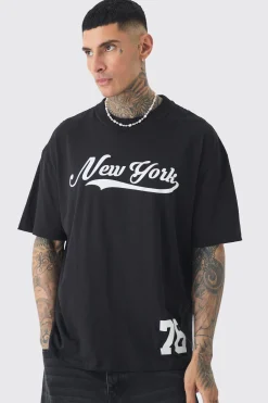 Tall Oversized New York Varsity Print T-shirt | BoohooMAN UK