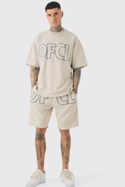 Tall Oversized OFCL Embroidered T-Shirt & Short Set | BoohooMAN UK