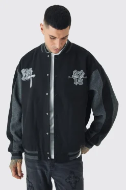Tall Oversized Official Colour Block Varsity Jacket In Black | BoohooMAN UK