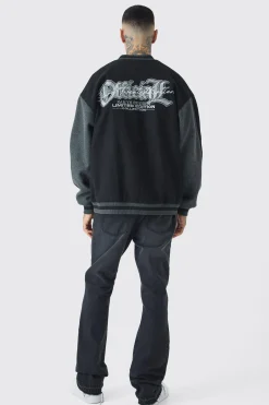 Tall Oversized Official Colour Block Varsity Jacket In Black | BoohooMAN UK