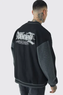 Tall Oversized Official Colour Block Varsity Jacket In Black | BoohooMAN UK