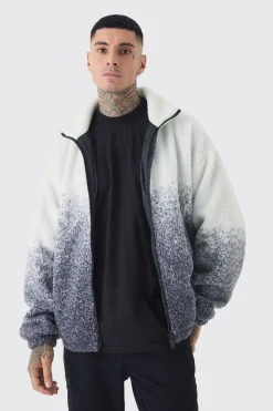 Tall Oversized Ombre Borg Funnel Neck Jacket In Black | BoohooMAN UK