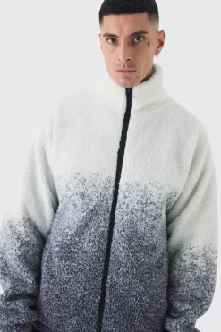 Tall Oversized Ombre Borg Funnel Neck Jacket In Black | BoohooMAN UK