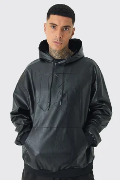 Tall Oversized PU Drop Shoulder Embossed Hoodie | BoohooMAN UK