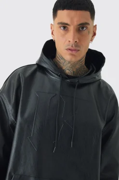 Tall Oversized PU Drop Shoulder Embossed Hoodie | BoohooMAN UK