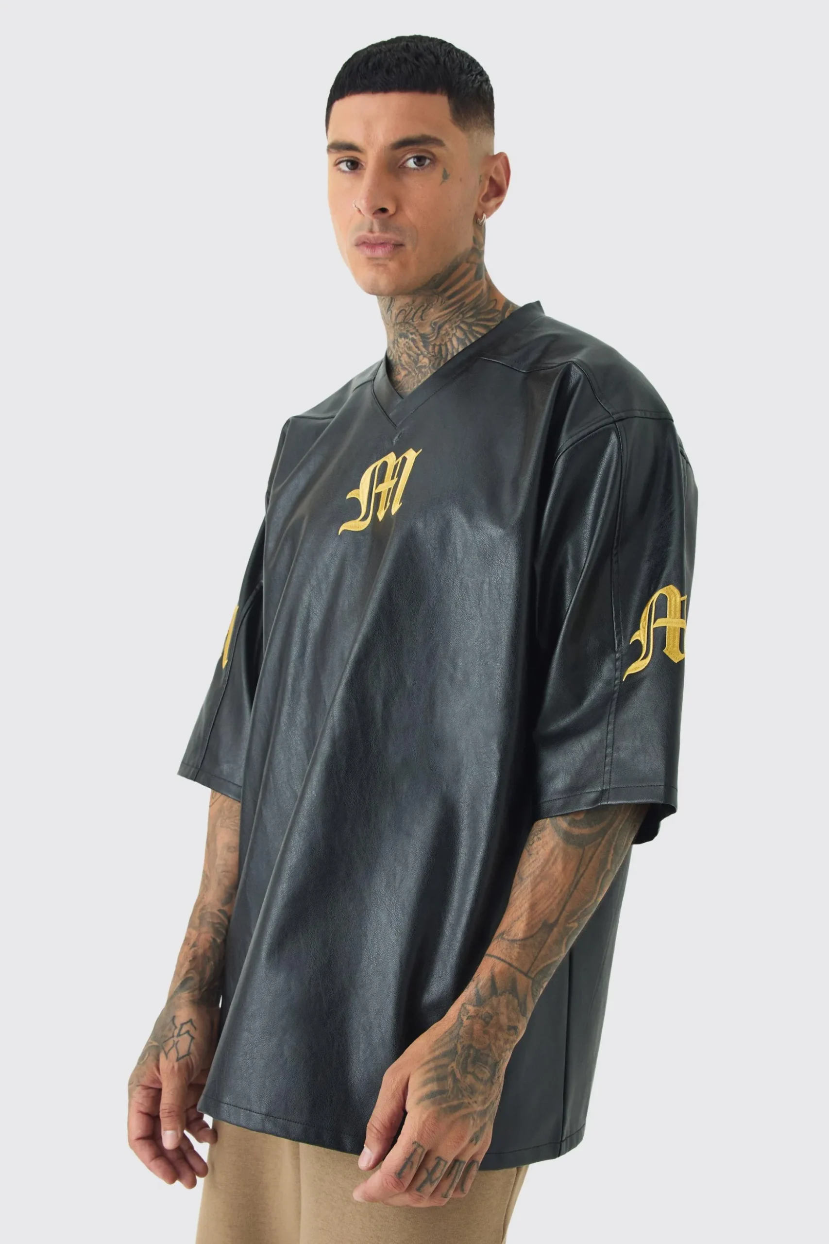 Tall Oversized PU Raglan Embroidered Varsity Shirt | BoohooMAN UK