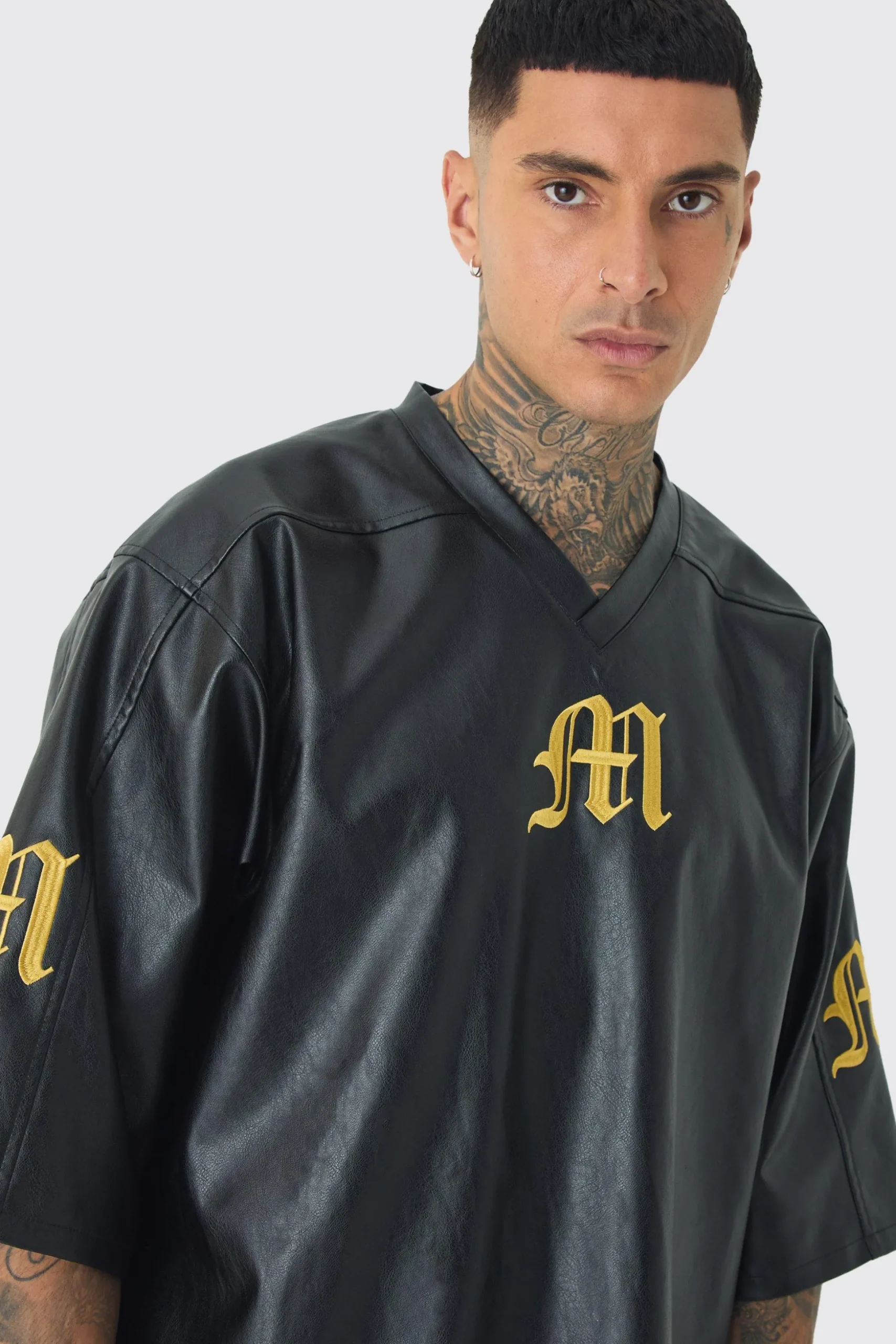Tall Oversized PU Raglan Embroidered Varsity Shirt | BoohooMAN UK