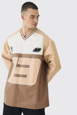 Tall Oversized Pu Raglan Embroidered Varsity Sweater | BoohooMAN UK