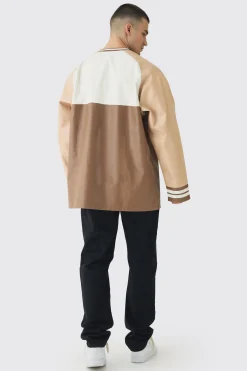 Tall Oversized Pu Raglan Embroidered Varsity Sweater | BoohooMAN UK