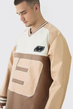 Tall Oversized Pu Raglan Embroidered Varsity Sweater | BoohooMAN UK