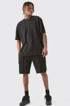 Tall Oversized Raw Interlock Seam T-shirt & Cargo Short Set | BoohooMAN UK