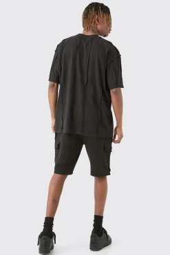 Tall Oversized Raw Interlock Seam T-shirt & Cargo Short Set | BoohooMAN UK
