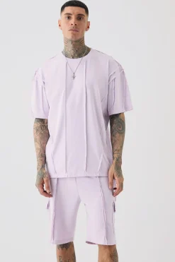 Tall Oversized Raw Interlock Seam T-shirt & Cargo Short Set | BoohooMAN UK