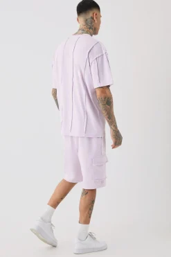 Tall Oversized Raw Interlock Seam T-shirt & Cargo Short Set | BoohooMAN UK