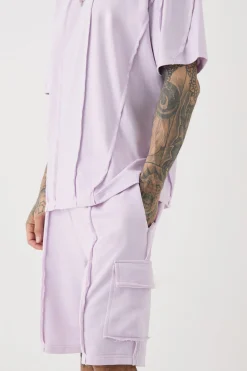 Tall Oversized Raw Interlock Seam T-shirt & Cargo Short Set | BoohooMAN UK