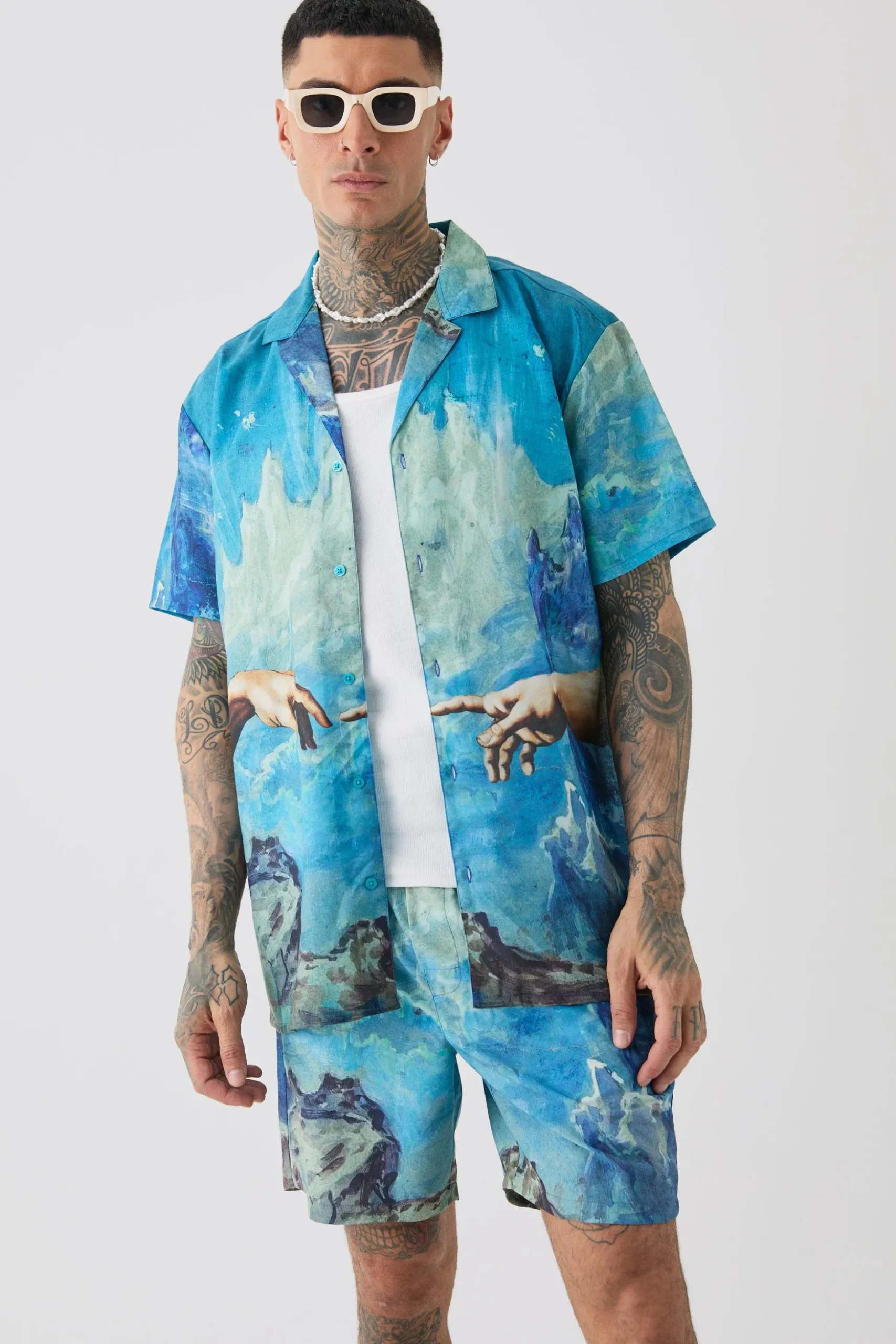 Tall Oversized Renaissance Print Shirt & Swim Short Set | BoohooMAN UK