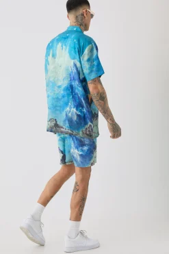Tall Oversized Renaissance Print Shirt & Swim Short Set | BoohooMAN UK