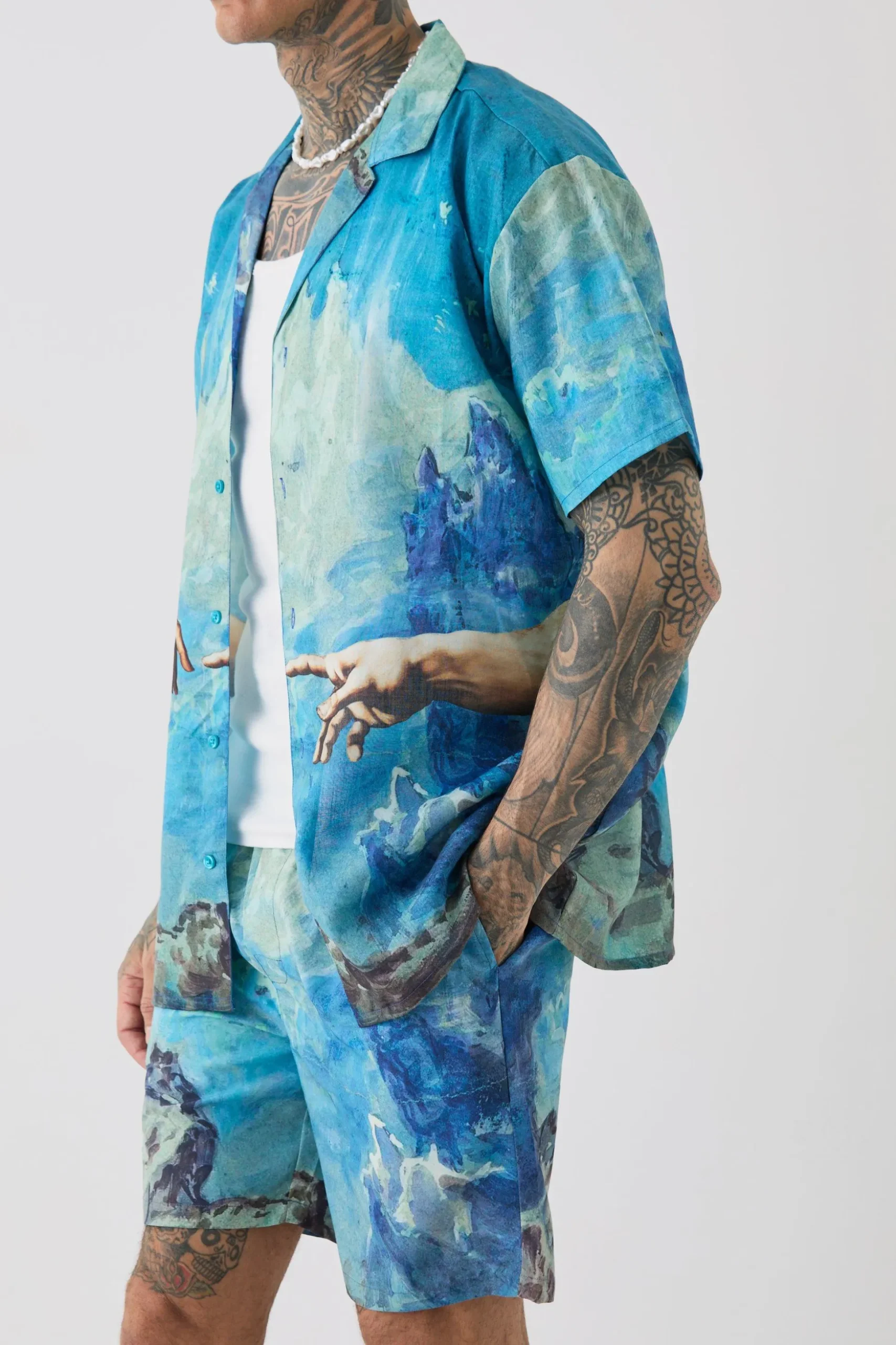 Tall Oversized Renaissance Print Shirt & Swim Short Set | BoohooMAN UK