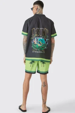 Tall Oversized Resort Print Shirt & Swim Short Set In Black | BoohooMAN UK