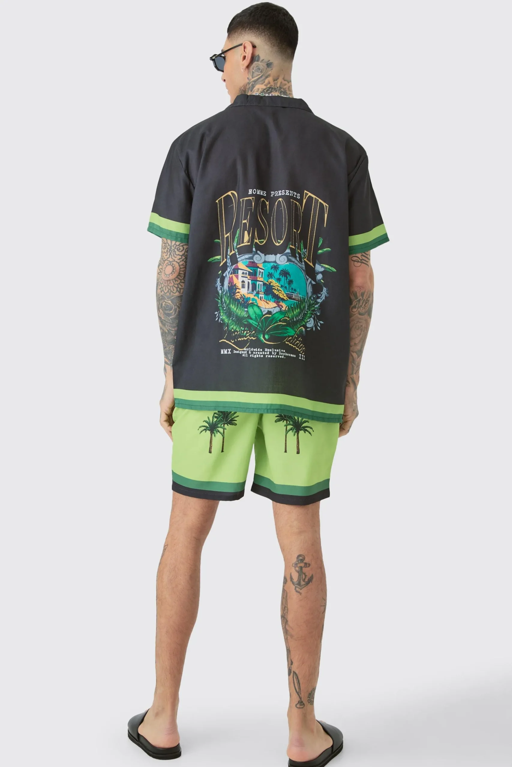 Tall Oversized Resort Print Shirt & Swim Short Set In Black | BoohooMAN UK