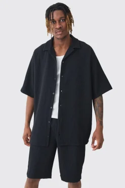 Tall Oversized Short Sleeve Pleated Shirt & Short Set | BoohooMAN UK