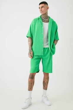 Tall Oversized Short Sleeve Pleated Shirt & Short In Green | BoohooMAN UK