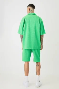 Tall Oversized Short Sleeve Pleated Shirt & Short In Green | BoohooMAN UK
