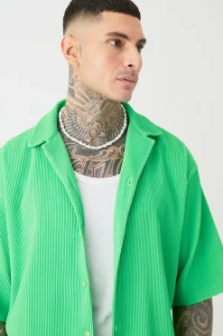 Tall Oversized Short Sleeve Pleated Shirt & Short In Green | BoohooMAN UK