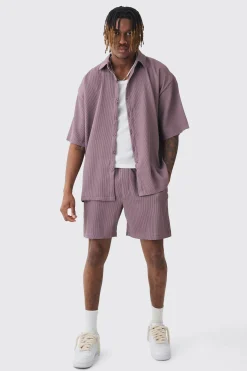 Tall Oversized Short Sleeve Pleated Shirt & Short Set In Mauve | BoohooMAN UK