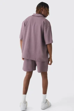 Tall Oversized Short Sleeve Pleated Shirt & Short Set In Mauve | BoohooMAN UK