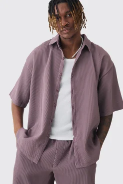Tall Oversized Short Sleeve Pleated Shirt & Short Set In Mauve | BoohooMAN UK