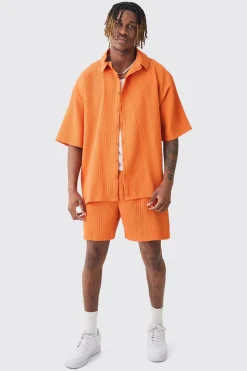 Tall Oversized Short Sleeve Pleated Shirt & Short Set In Sunset | BoohooMAN UK
