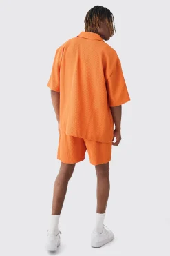 Tall Oversized Short Sleeve Pleated Shirt & Short Set In Sunset | BoohooMAN UK