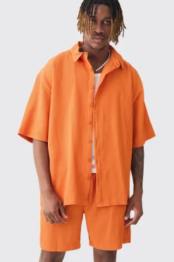 Tall Oversized Short Sleeve Pleated Shirt & Short Set In Sunset | BoohooMAN UK