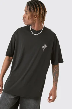 Tall Oversized Stencil Floral Embroidered T-shirt In Black | BoohooMAN UK