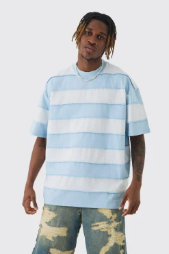 Tall Oversized Stripe Raw Seam T-shirt | BoohooMAN UK