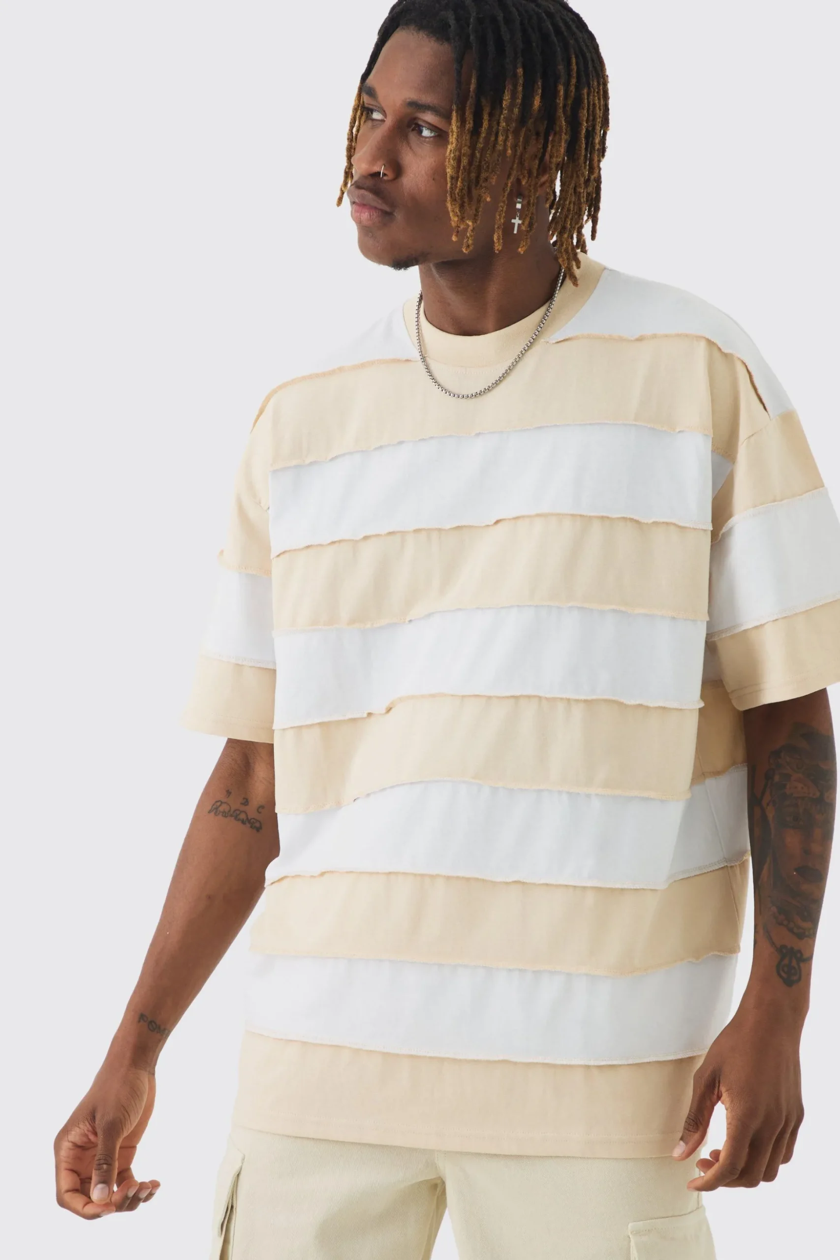 Tall Oversized Stripe Raw Seam T-shirt | BoohooMAN UK