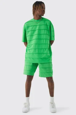 Tall Oversized Stripe Raw Seam T-shirt & Short Set | BoohooMAN UK