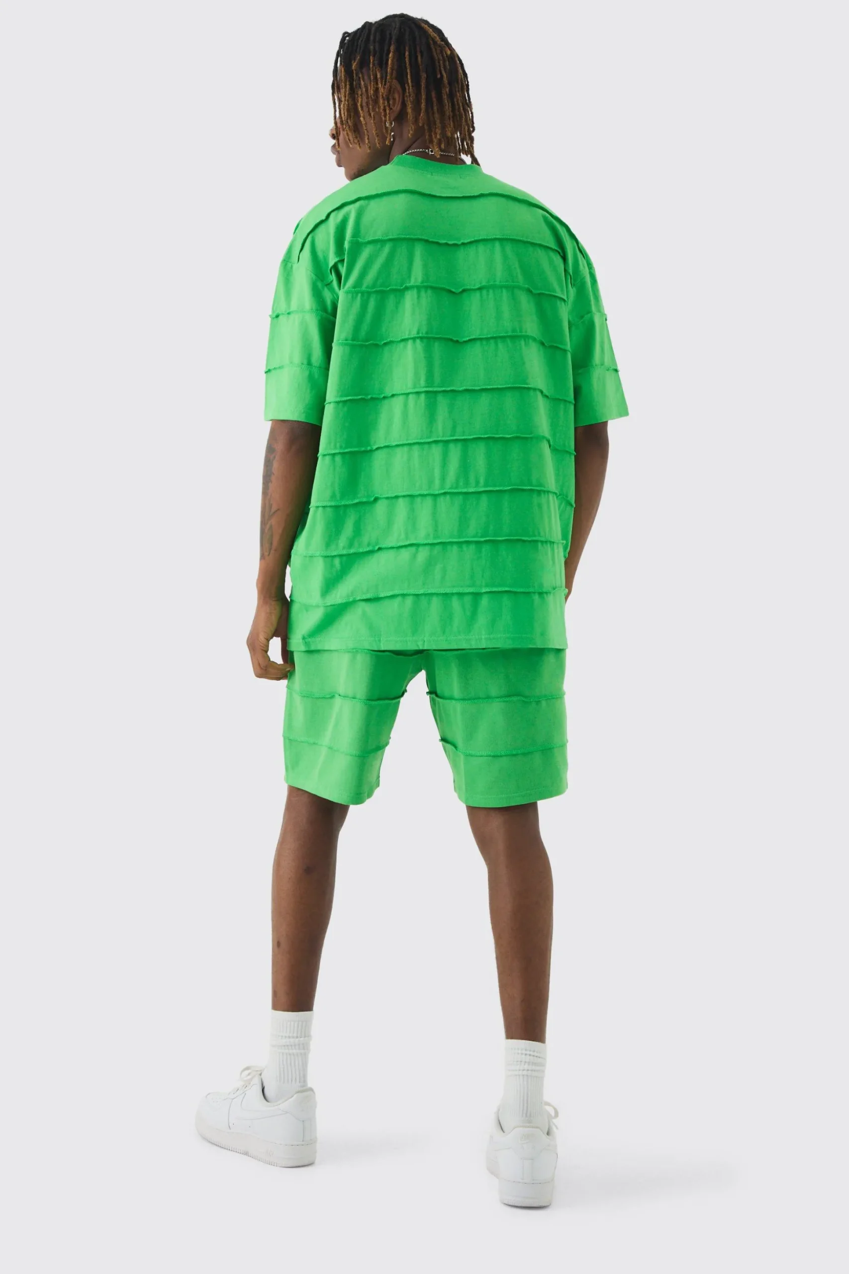 Tall Oversized Stripe Raw Seam T-shirt & Short Set | BoohooMAN UK