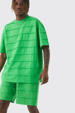 Tall Oversized Stripe Raw Seam T-shirt & Short Set | BoohooMAN UK