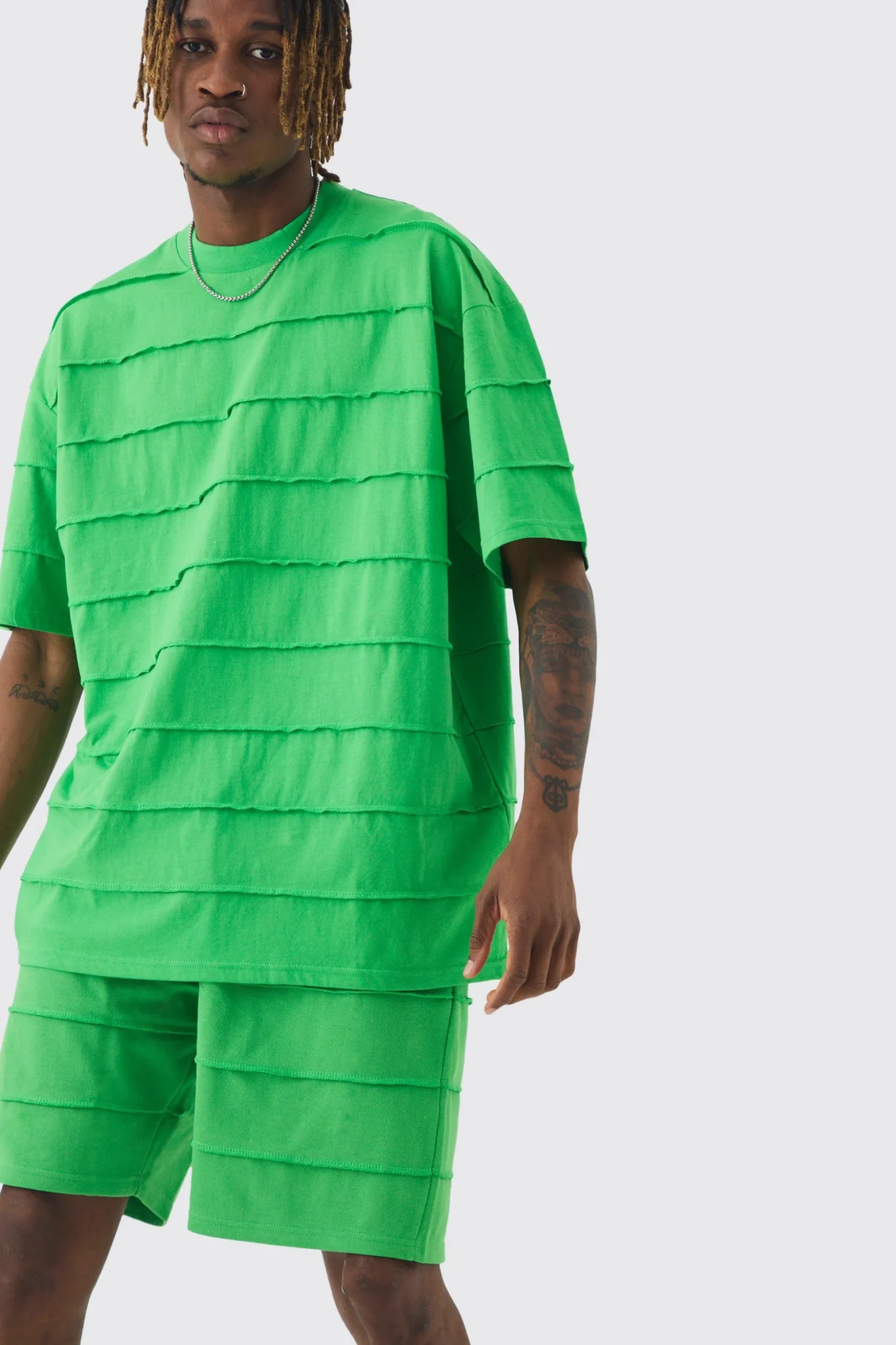Tall Oversized Stripe Raw Seam T-shirt & Short Set | BoohooMAN UK