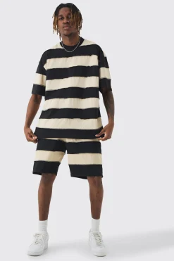Tall Oversized Stripe Raw Seam T-shirt & Short Set | BoohooMAN UK