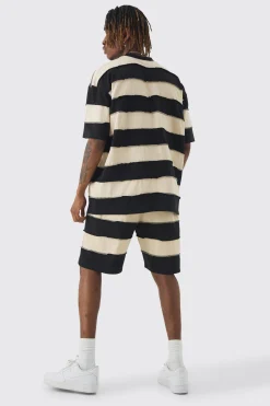 Tall Oversized Stripe Raw Seam T-shirt & Short Set | BoohooMAN UK