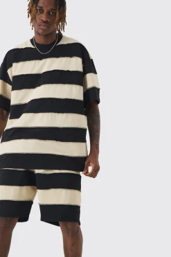 Tall Oversized Stripe Raw Seam T-shirt & Short Set | BoohooMAN UK