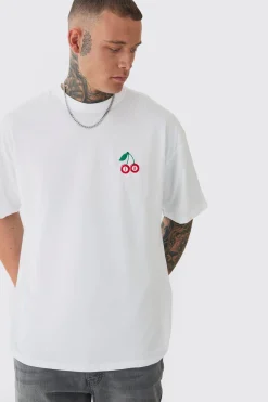 Tall Oversized Tall Cherry Embroidered T-shirt In White | BoohooMAN UK