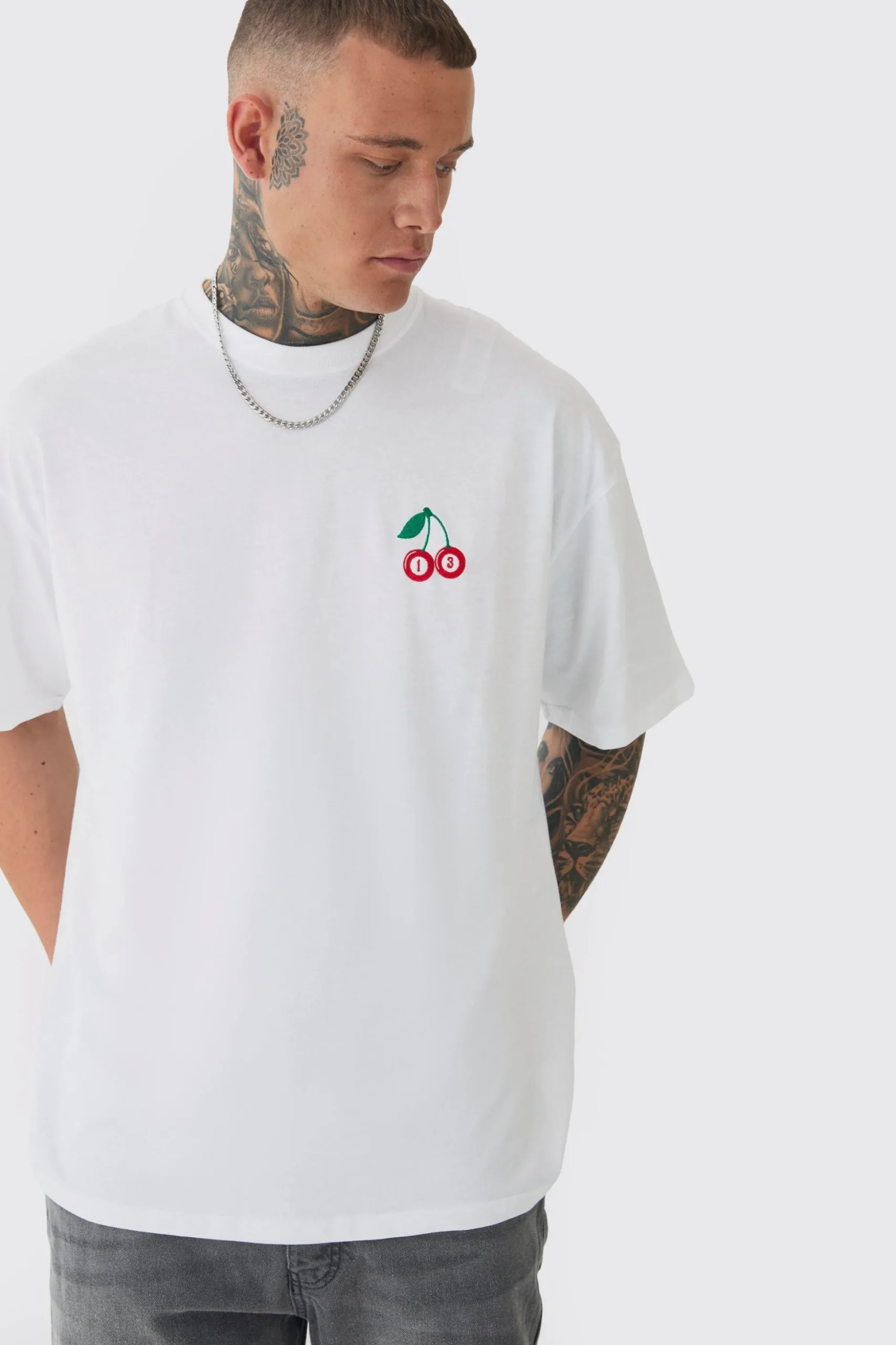 Tall Oversized Tall Cherry Embroidered T-shirt In White | BoohooMAN UK