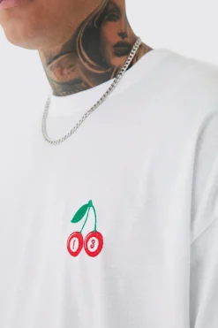 Tall Oversized Tall Cherry Embroidered T-shirt In White | BoohooMAN UK