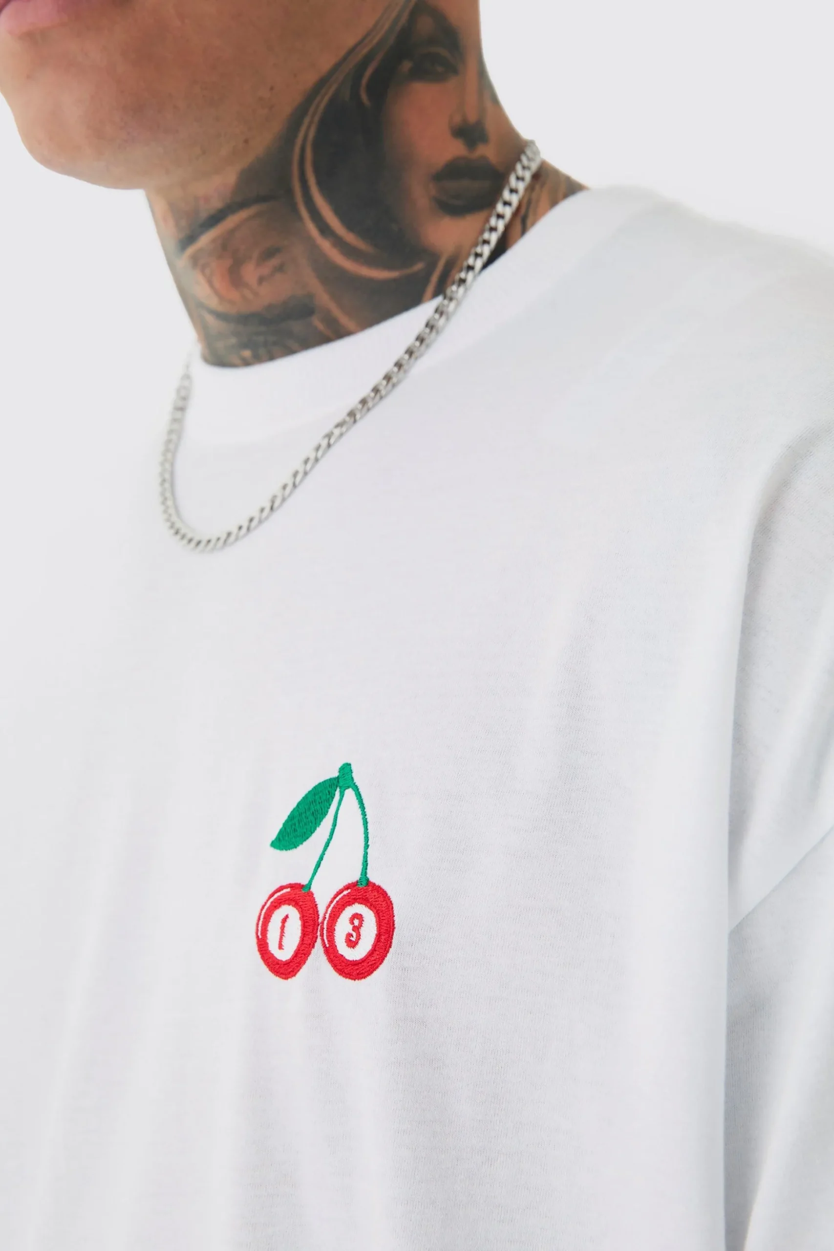 Tall Oversized Tall Cherry Embroidered T-shirt In White | BoohooMAN UK