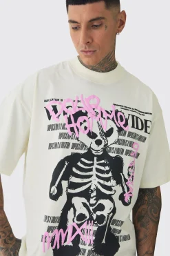 Tall Oversized Teddy Skeleton Graphic Puff Print T-Shirt | BoohooMAN UK