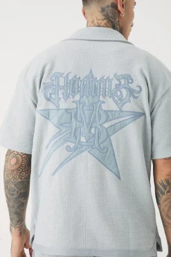 Tall Oversized Textured Star Applique Shirt | BoohooMAN UK